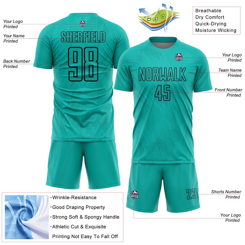 Aqua Black Geometric Shapes Sublimation Soccer Uniform Jersey, Custom Team Soccer Jersey Shirt