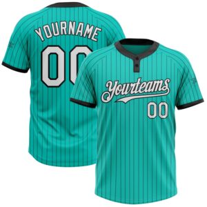 Aqua Black Pinstripe White Two Button Unisex Softball Jersey, Custom Team Softball Jersey
