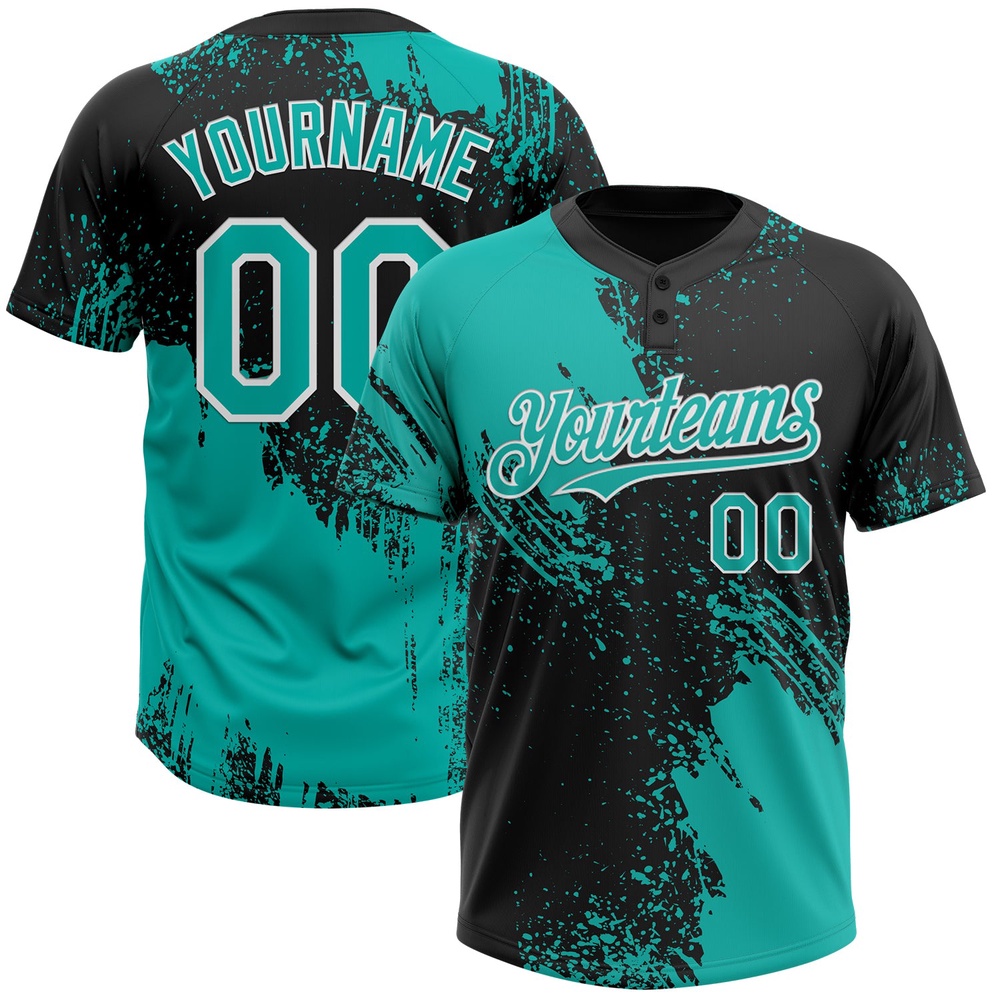 Aqua Black White 3D Pattern Abstract Brush Stroke Two Button Unisex Softball Jersey, Custom Team Softball Jersey