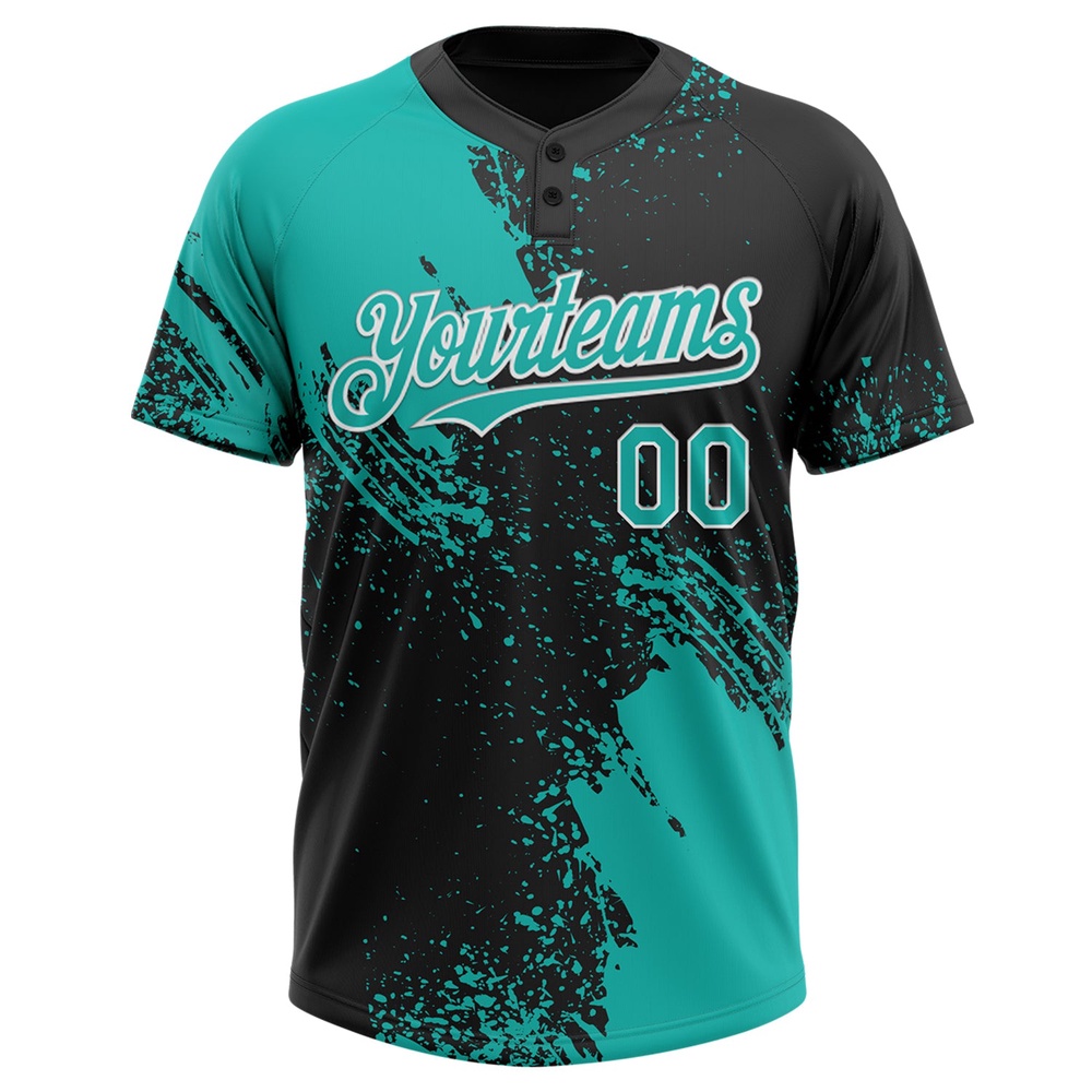 Aqua Black White 3D Pattern Abstract Brush Stroke Two Button Unisex Softball Jersey, Custom Team Softball Jersey