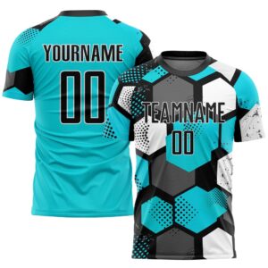 Aqua Black White Sublimation Soccer Uniform Jersey, Custom Team Soccer Jersey Shirt