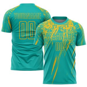 Aqua Gold Sublimation Soccer Uniform Jersey, Custom Team Soccer Jersey Shirt