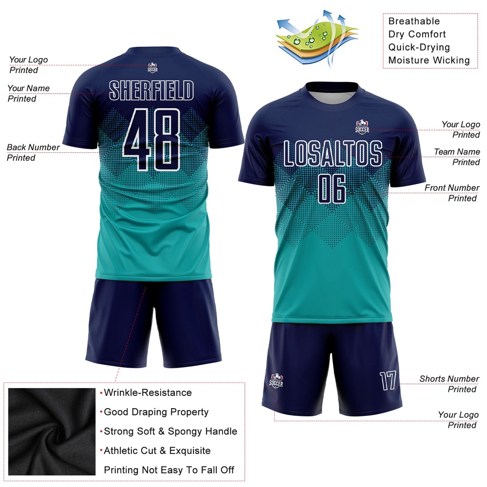 Aqua Navy White Sublimation Soccer Uniform Jersey, Custom Team Soccer Jersey Shirt Aqua Navy White Sublimation Soccer Uniform Jersey, Custom Team Soccer Jersey Shirt