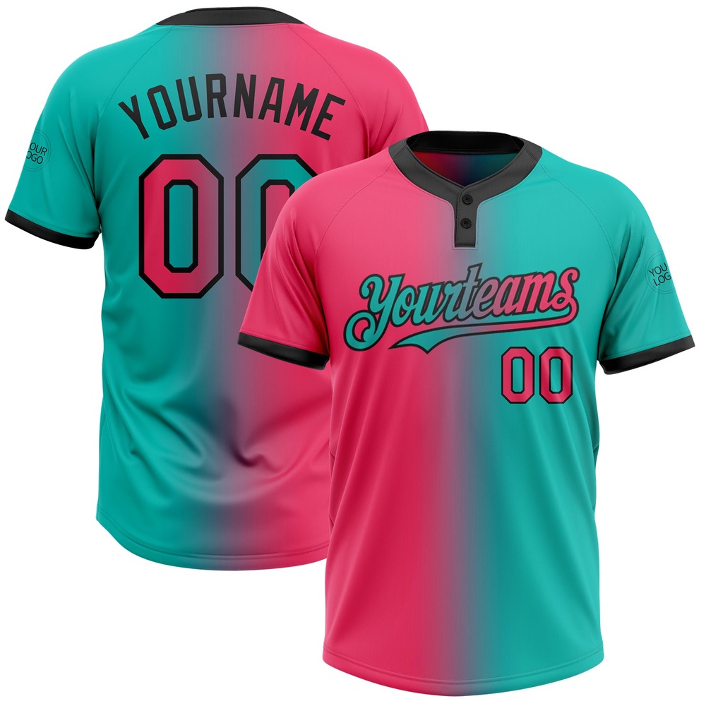 Aqua Neon Pink Black Gradient Fashion Two Button Unisex Softball Jersey, Custom Team Softball Jersey
