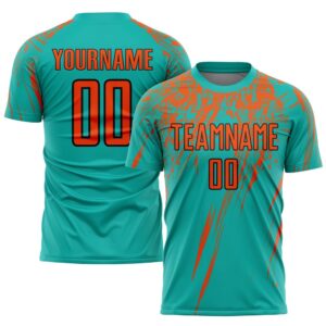 Aqua Orange Black Sublimation Soccer Uniform Jersey, Custom Team Soccer Jersey Shirt
