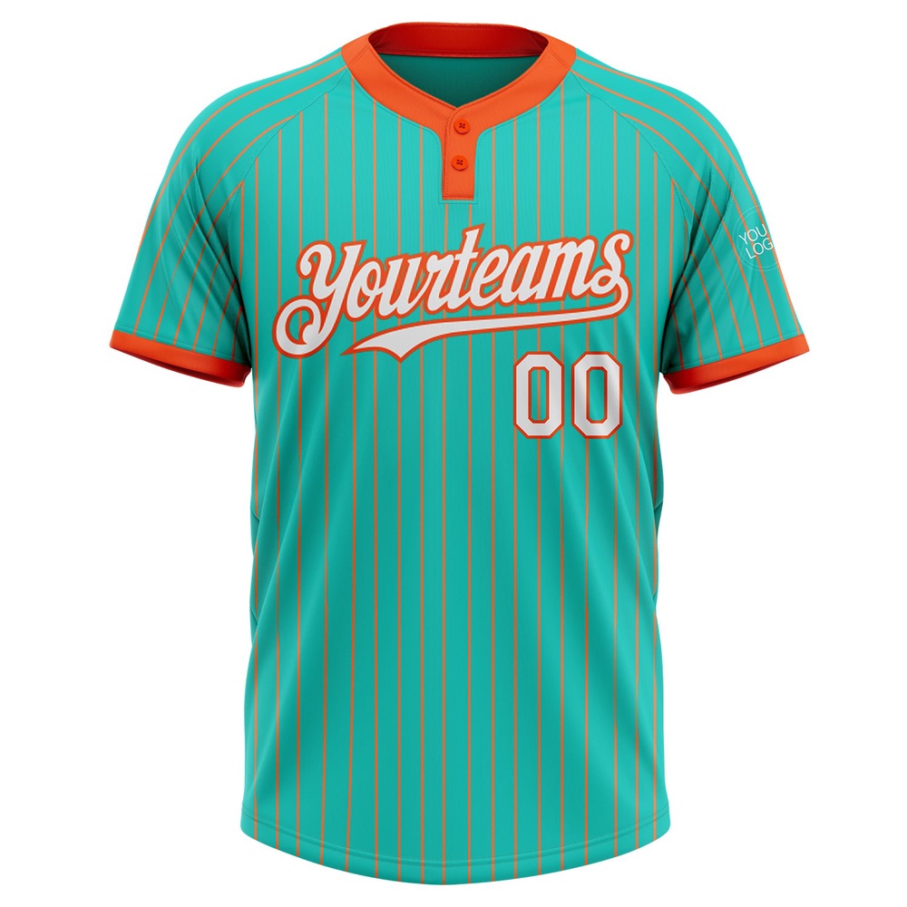 Aqua Orange Pinstripe White Two Button Unisex Softball Jersey, Custom Team Softball Jersey