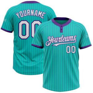 Aqua Purple Pinstripe White Two Button Unisex Softball Jersey, Custom Team Softball Jersey