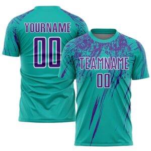 Aqua Purple White Sublimation Soccer Uniform Jersey, Custom Team Soccer Jersey Shirt