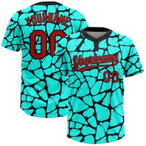 Aqua Red Black 3D Pattern Two Button Unisex Softball Jersey, Custom Team Softball Jersey
