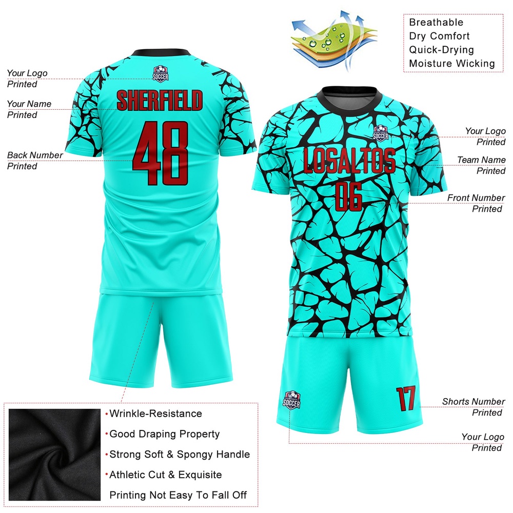 Aqua Red Black Sublimation Soccer Uniform Jersey, Custom Team Soccer Jersey Shirt