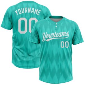 Aqua White 3D Pattern Two Button Unisex Softball Jersey, Custom Team Softball Jersey