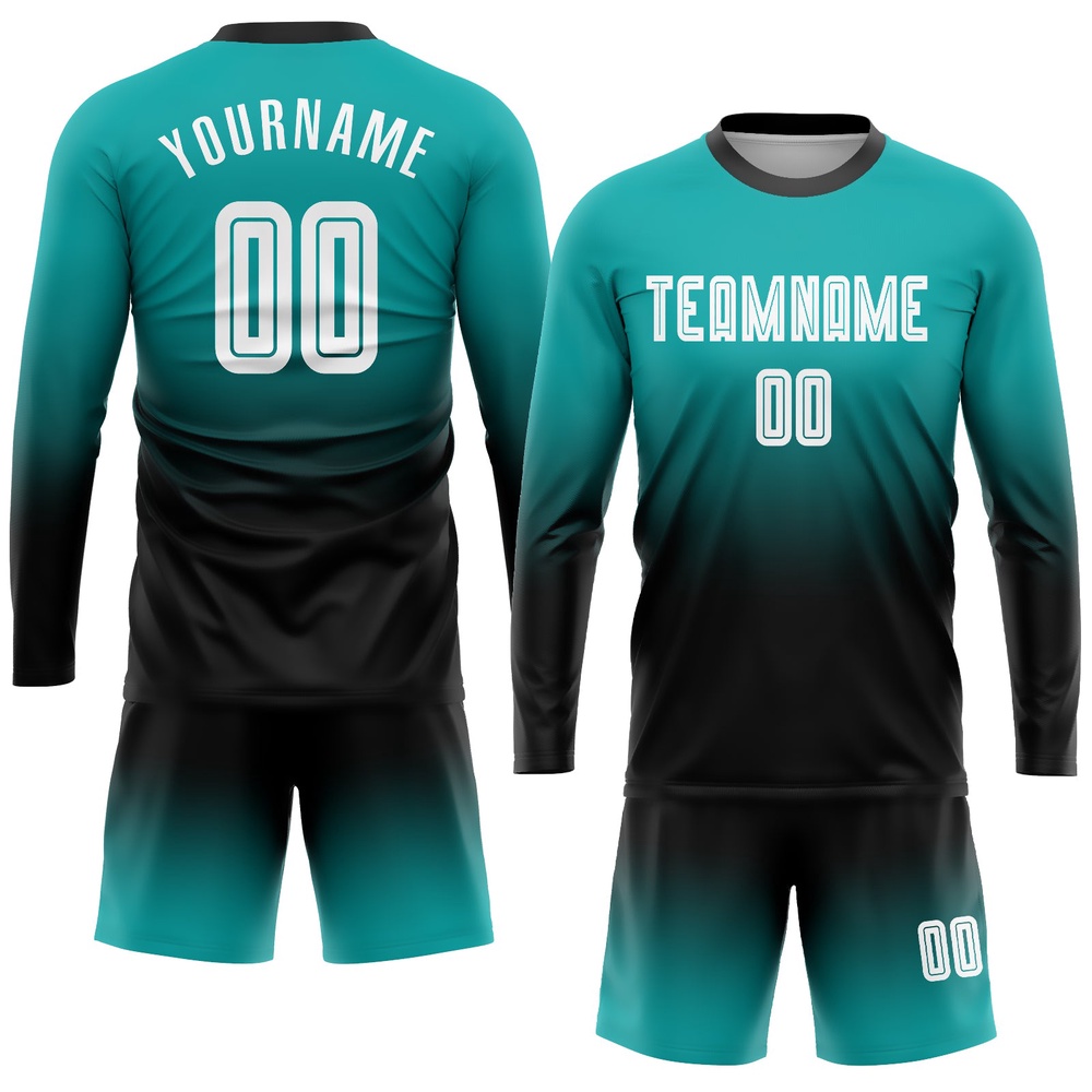 Aqua White Black Sublimation Long Sleeve Fade Fashion Soccer Uniform Jersey, Custom Team Soccer Jersey Shirt