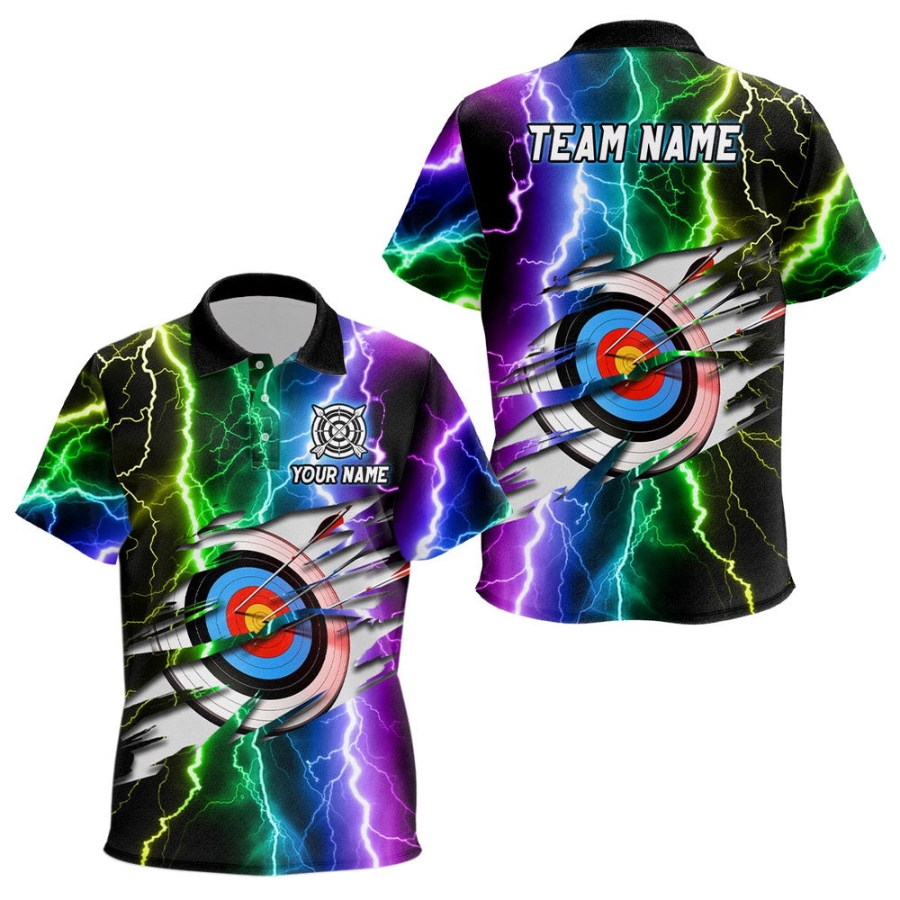 Archery Colorful Thunder Lightning Polo Shirts Custom Archery Target Shirts, Custom Archery Team Polo Shirt