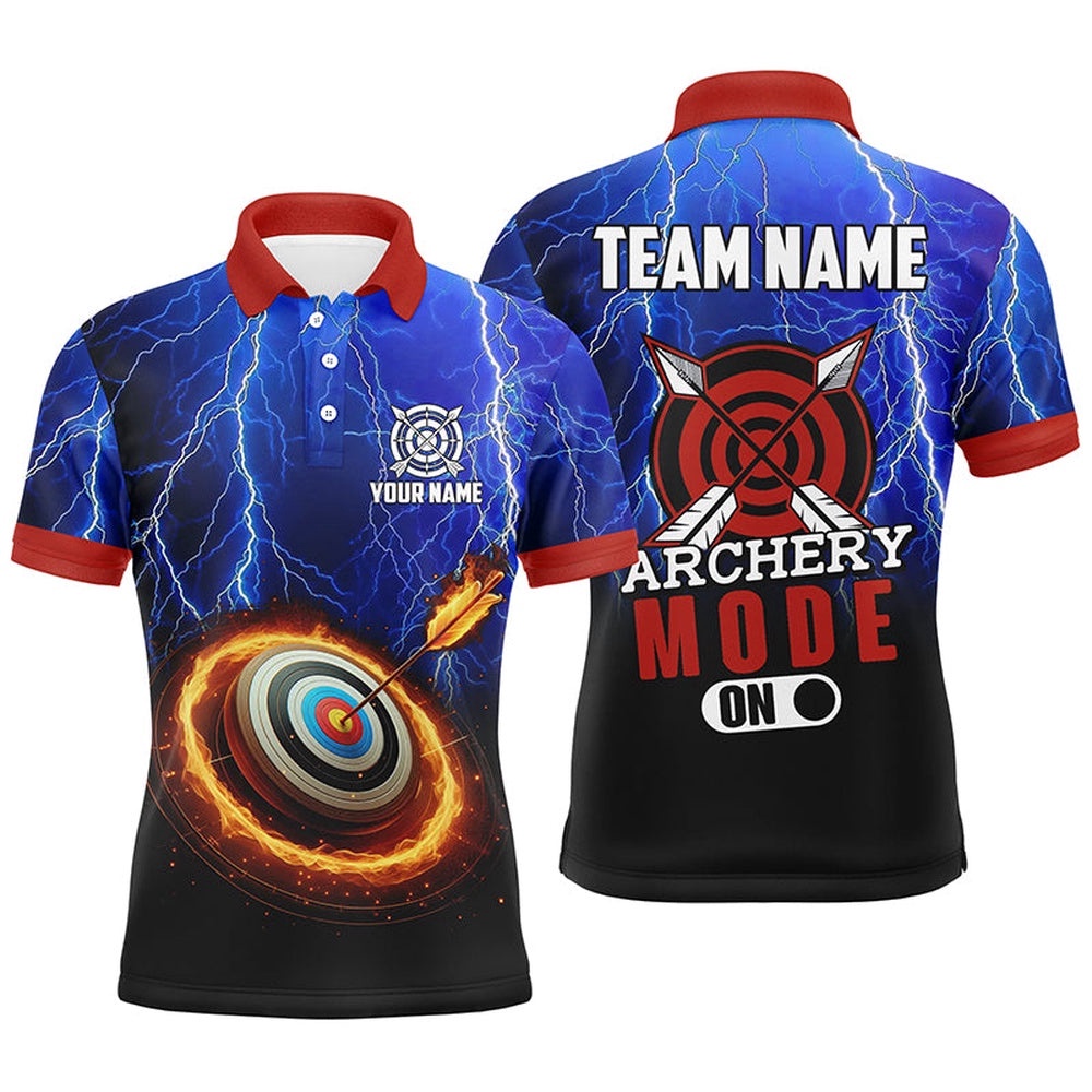 Archery Mode On Thunder Lightning Blue Men Polo Shirts, Target Archery Polo, Custom Archery Team Polo Shirt