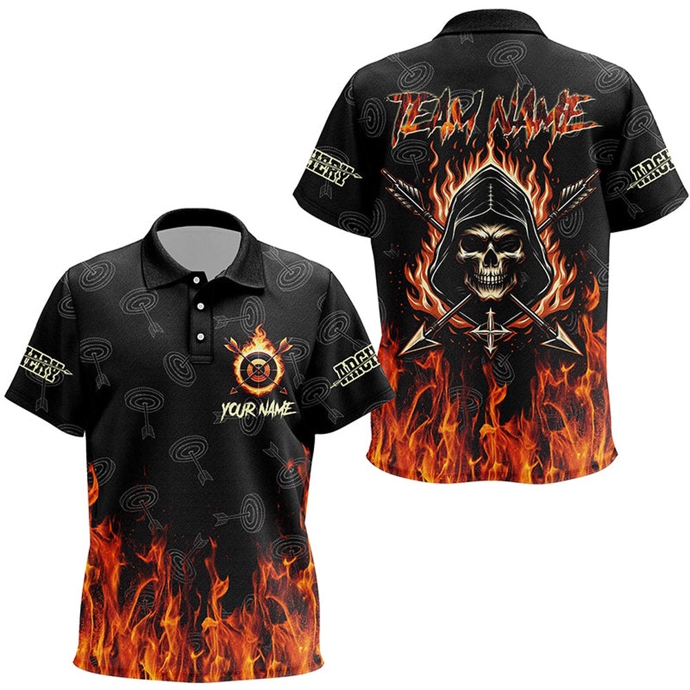 Archery Skull Fire Customized Target Pattern Polo Shirts, Archery Shirts Gifts For Archer, Custom Archery Team Polo Shirt