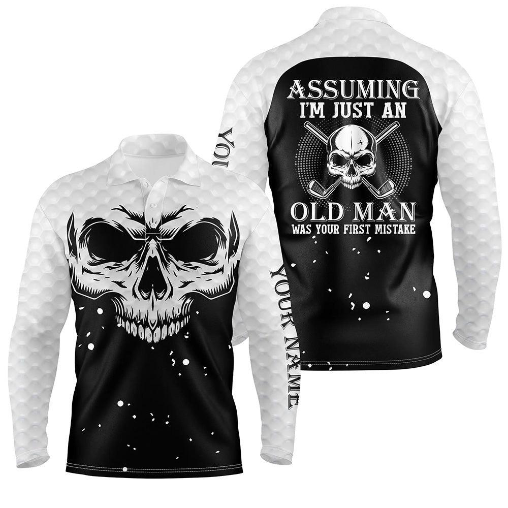 Assuming Im Just An Old Man Black White Skull Men’s Golf Polo Shirt Scary Golf Shirts For Men, Golf Polo Shirt, Golf Shirts