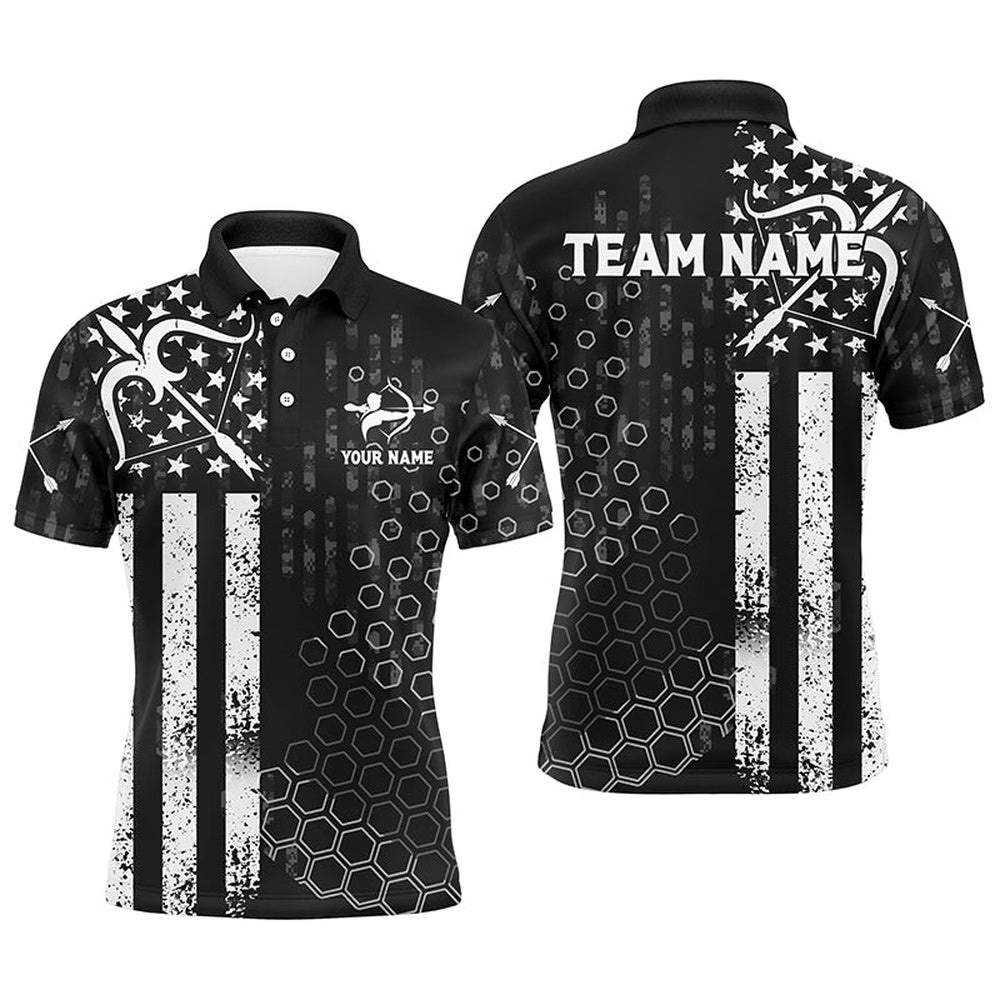 BW American Flag Archery Polo Shirts For Men, Custom Bows And Arrows Archery Shirts, Custom Archery Team Polo Shirt