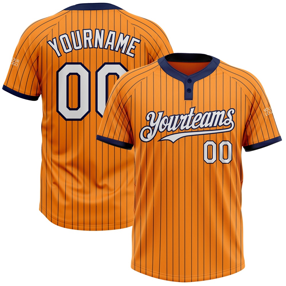 Bay Orange Navy Pinstripe White Two Button Unisex Softball Jersey, Custom Team Softball Jersey