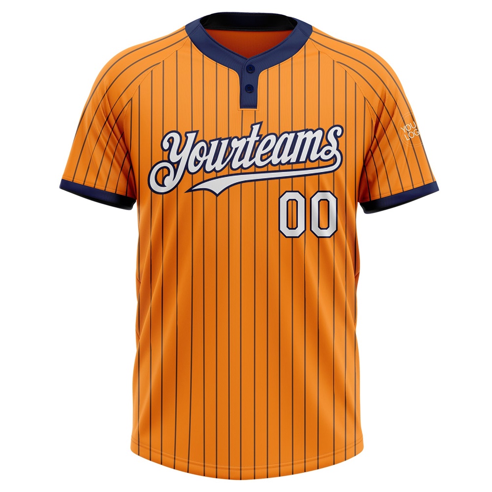 Bay Orange Navy Pinstripe White Two Button Unisex Softball Jersey, Custom Team Softball Jersey