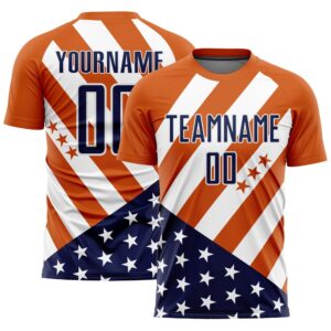Bay Orange Navy White Vintage American Flag Sublimation Soccer Uniform Jersey, Custom Team Soccer Jersey Shirt