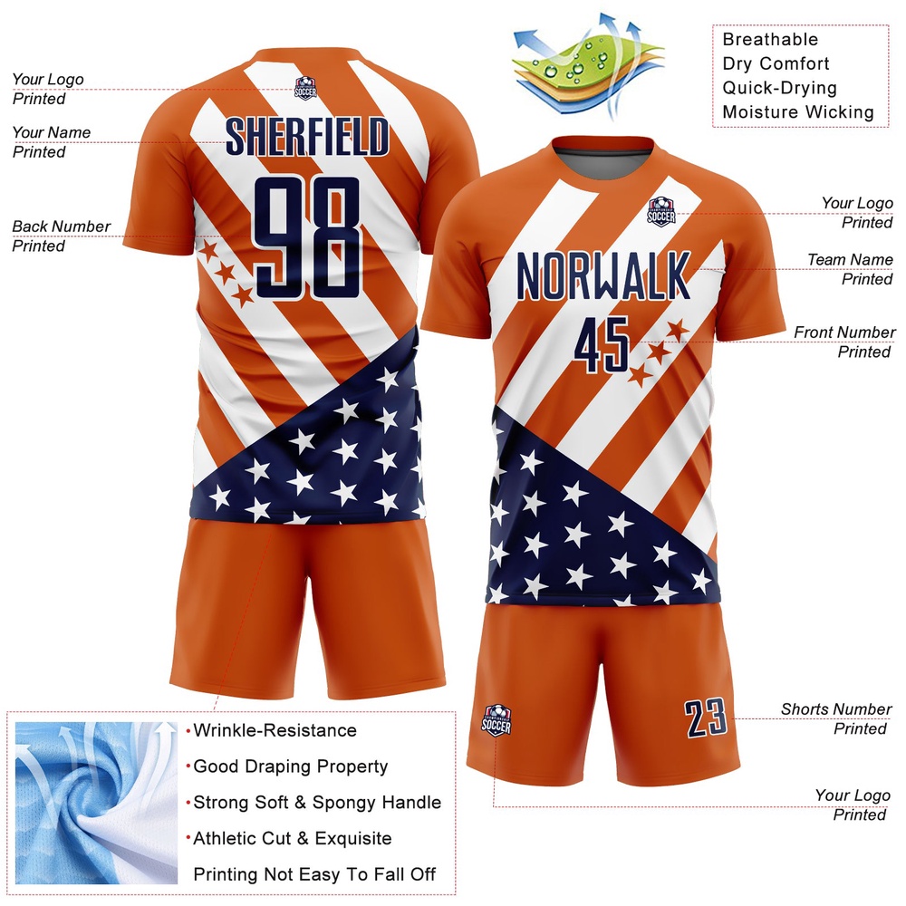 Bay Orange Navy White Vintage American Flag Sublimation Soccer Uniform Jersey, Custom Team Soccer Jersey Shirt