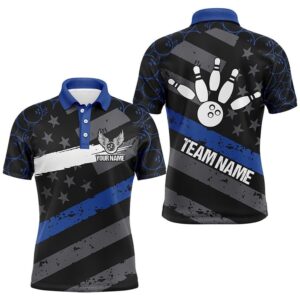 Black American Flag Men Bowling Shirts Custom Bowling Camo Team Polo Shirt, Gift For Bowlers Blue, Personalized Bowling Team Shirt
