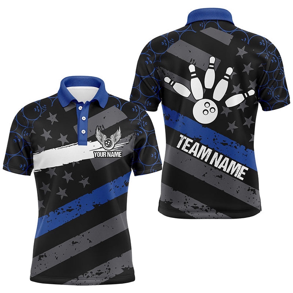 Black American Flag Men Bowling Shirts Custom Bowling Camo Team Polo Shirt, Gift For Bowlers Blue, Personalized Bowling Team Shirt