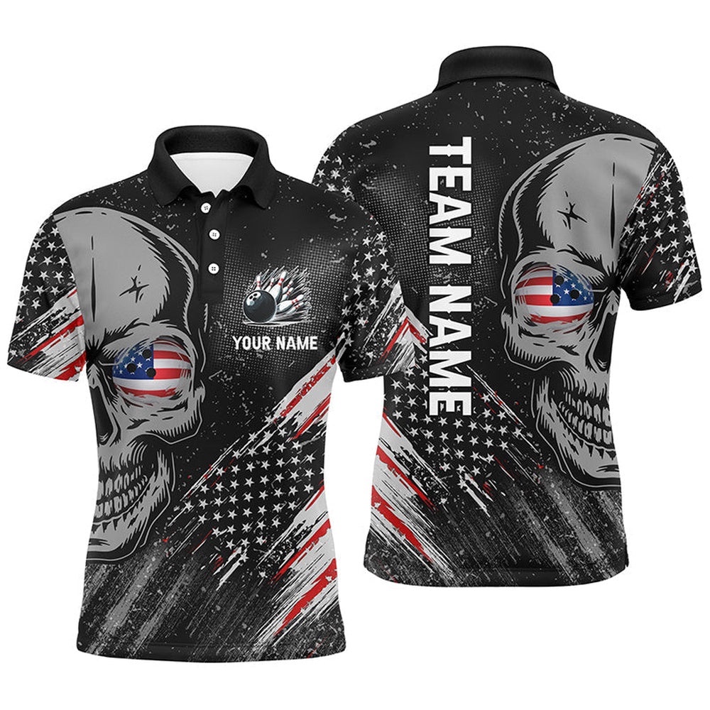 Black American Flag Retro Bowling League Polo Shirt Custom Skull Men Bowling Polo Shirt, Gifts For Bowler, Personalized Bowling Team Shirt