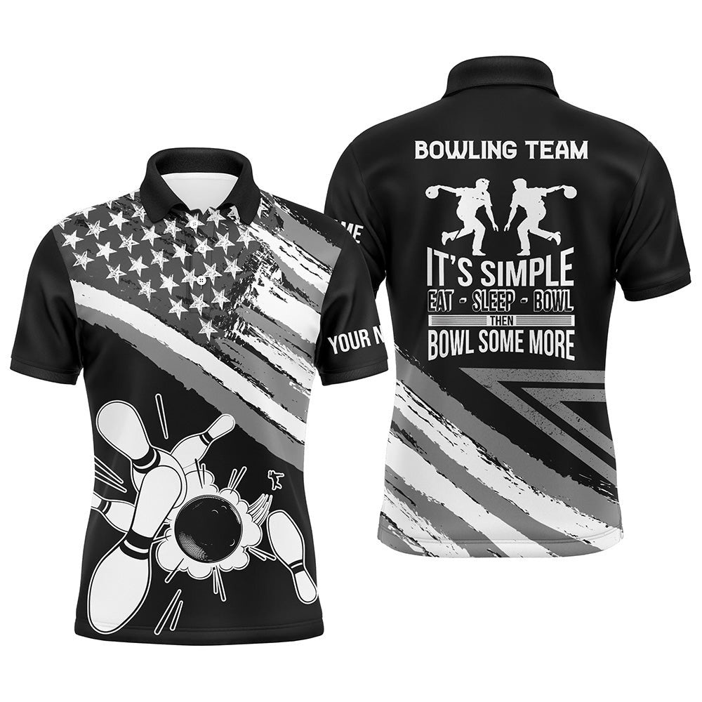 Black American Flag Retro Men’s Bowling Polo Shirt Custom Team Bowling Outfits Eat Sleep Bowl, Personalized Bowling Team Shirt