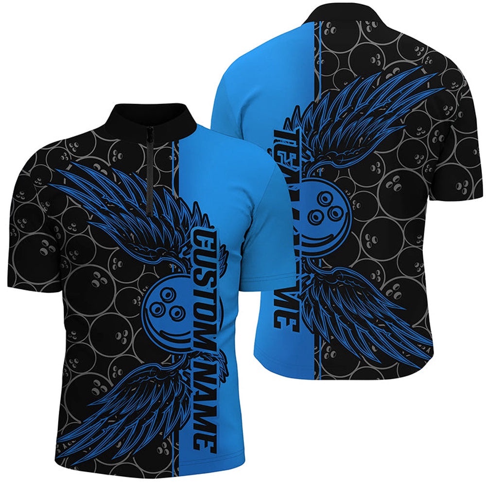 Black And Blue Unisex Bowling Tournament Team Shirts, Bowling Ball And Wings Jersey, Custom Bowling Team Jersey Shirt
