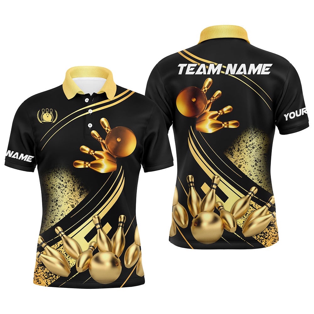 Black And Gold Mens Bowling Polo Shirts Custom Bowling Apparel Team Bowling Polo Shirt, Personalized Bowling Team Shirt