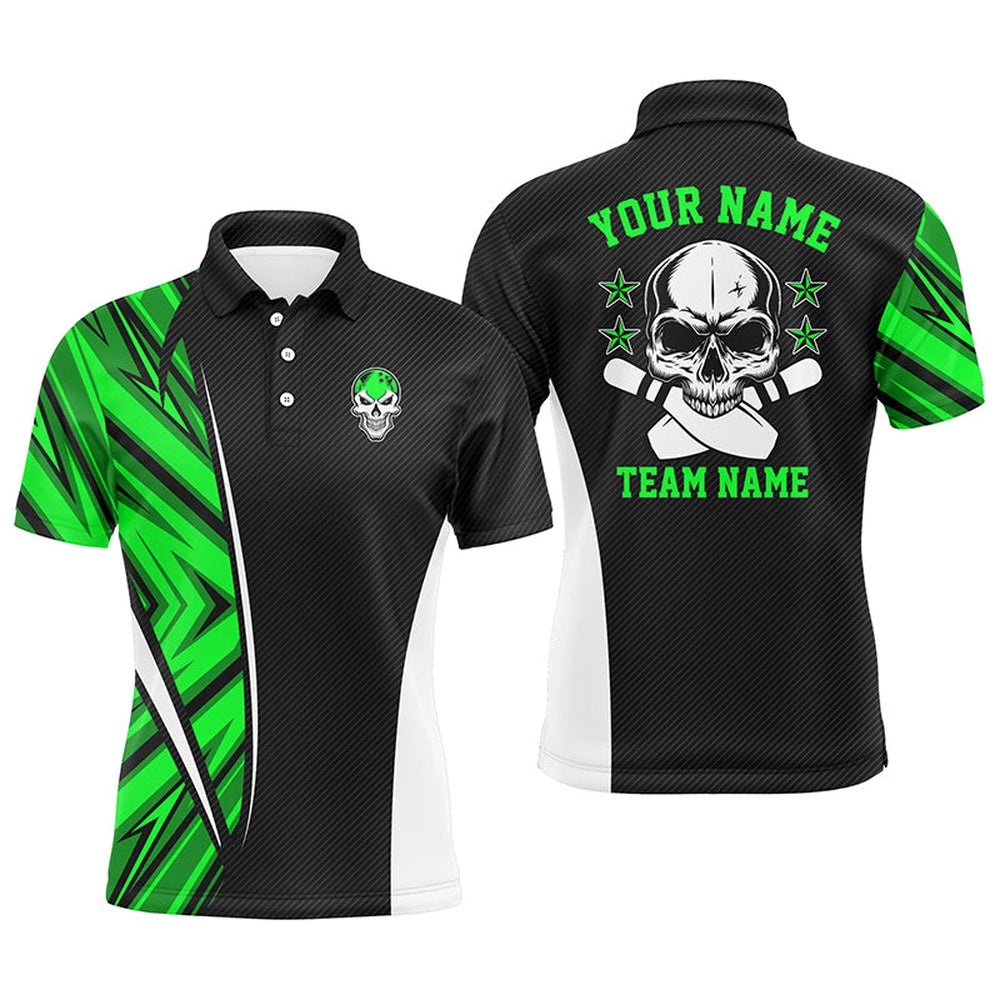 Black And Green Camo Custom Camo Bowling Polo Shirts For Men, Team Skull Bowling Polo Shirt, Personalized Bowling Team Shirt