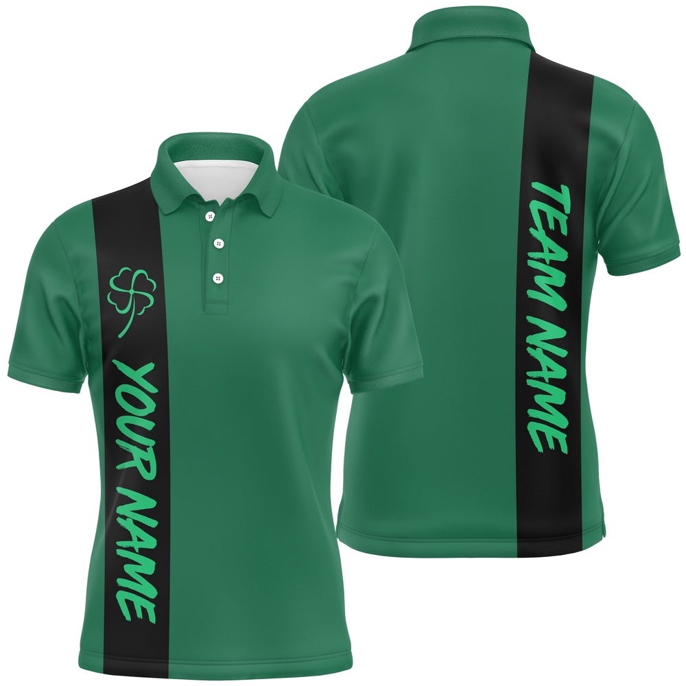 Black And Green Retro Lucky Mens Polo Bowling Shirts Custom St Patrick Day Team League Bowling Polo Shirt, Personalized Bowling Team Shirt