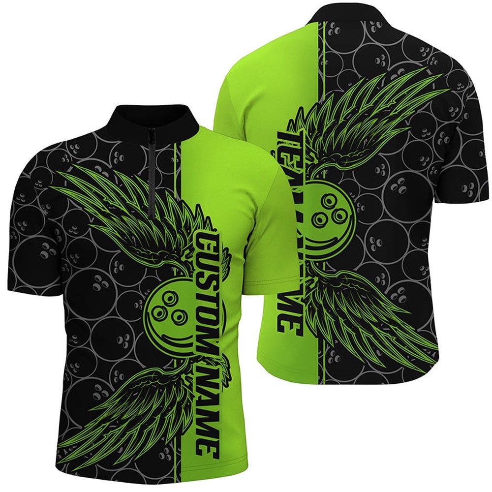 Black And Green Unisex Bowling Tournament Team Shirts, Bowling Ball And Wings Jersey, Custom Bowling Team Jersey Shirt