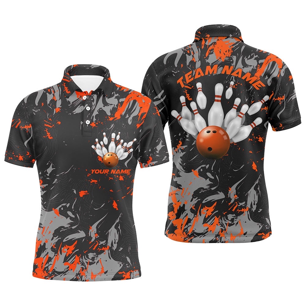 Black And Orange Camo Bowling Team Shirts Custom Men Polo Shirts Bowling League Shirts, Personalized Bowling Team Shirt