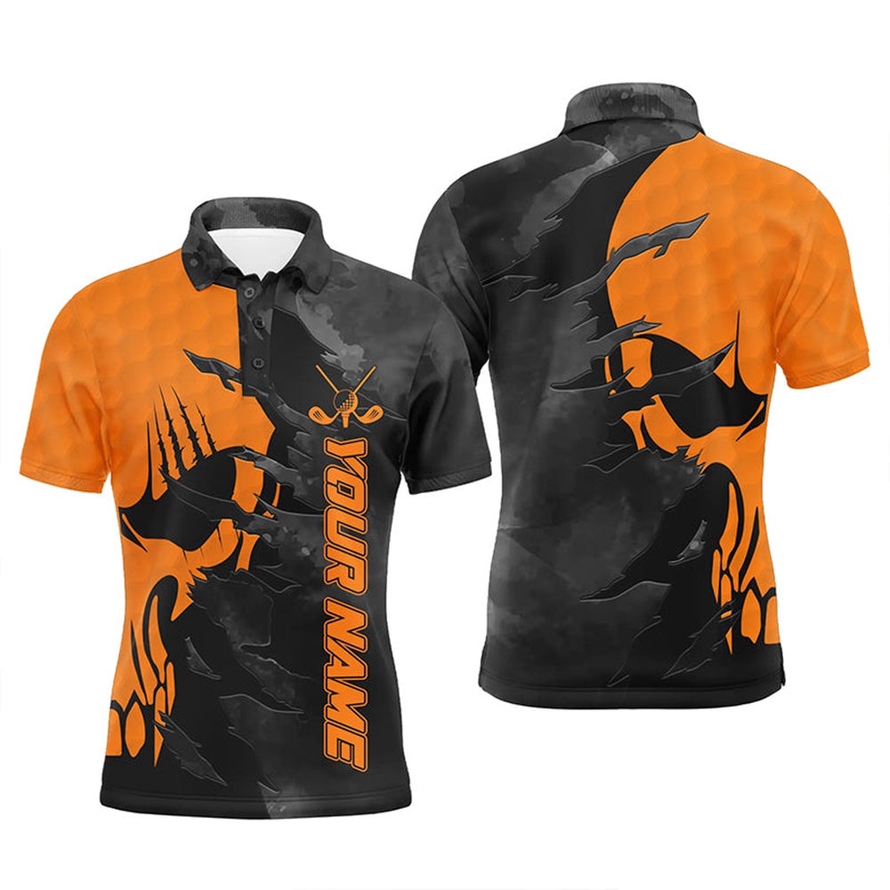 Black And Orange Men’s Golf Polos Shirts Custom Name Golf Skull Shirts For Men, Golf Polo Shirt, Golf Shirts