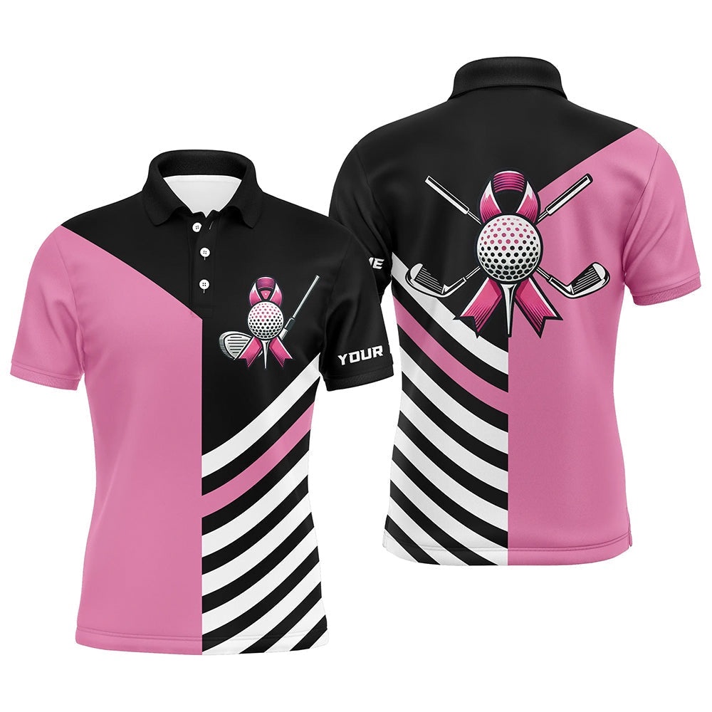 Black And Pink Ribbon Golf Ball Clubs Men Golf Polo Shirts Custom Breast Cancer Awareness Golf Shirts, Golf Polo Shirt, Golf Shirts