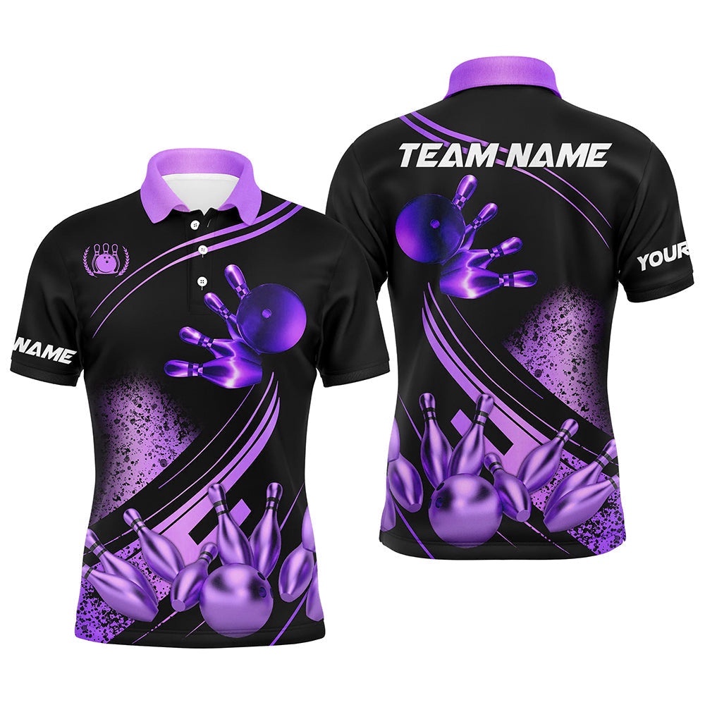 Black And Purple Mens Bowling Shirts Custom Bowling Apparel Team Bowling Polo Shirt, Personalized Bowling Team Shirt