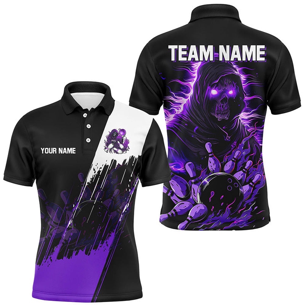 Black And Purple Skull Reaper Bowling Polo Shirt Polo, Zip Shirt For Men Custom Bowling Team Shirts, Personalized Bowling Team Shirt