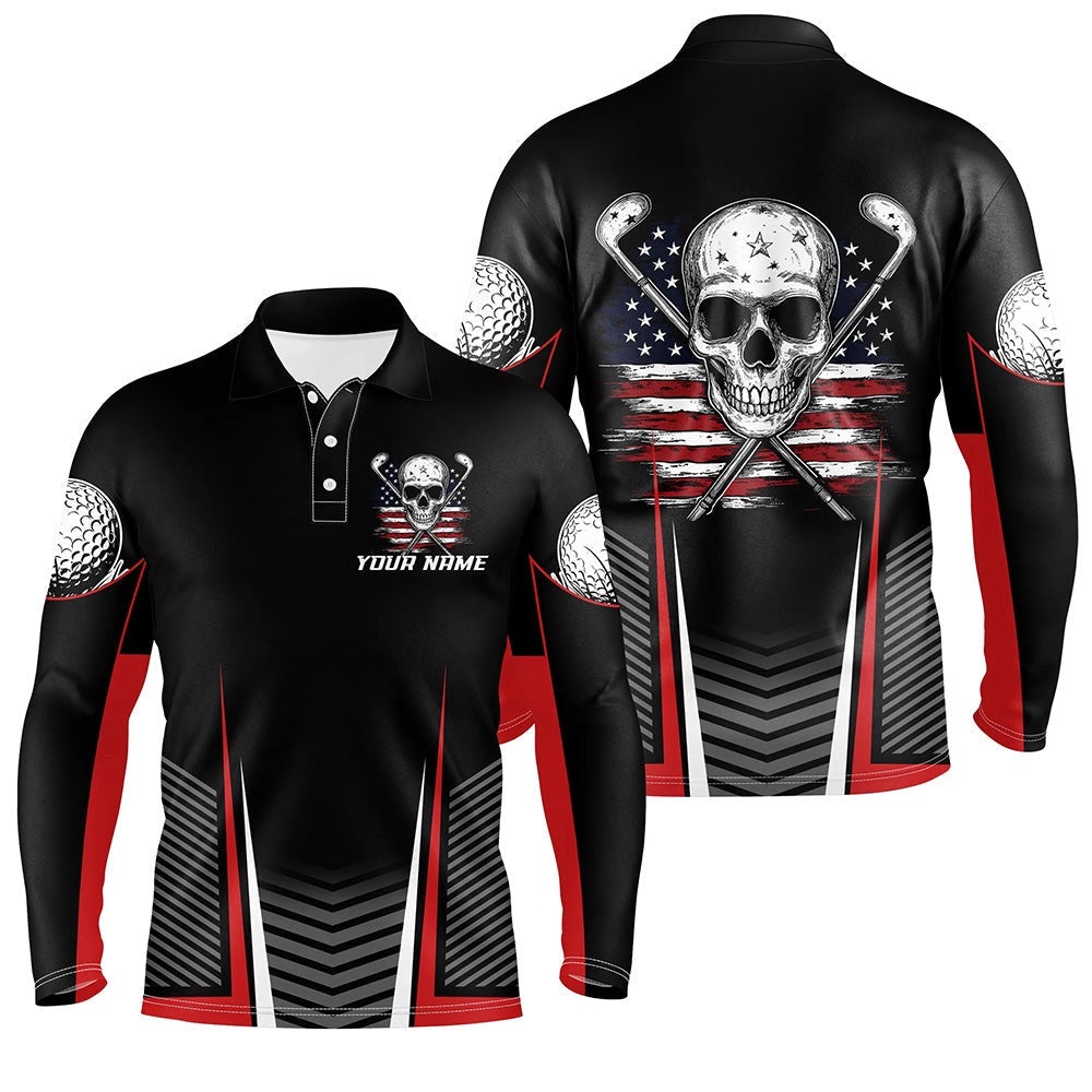 Black And Red American Flag Golf Clubs Skull Men Golf Polo Shirts Custom Patriotic Golf Team Jerseys, Golf Polo Shirt, Golf Shirts