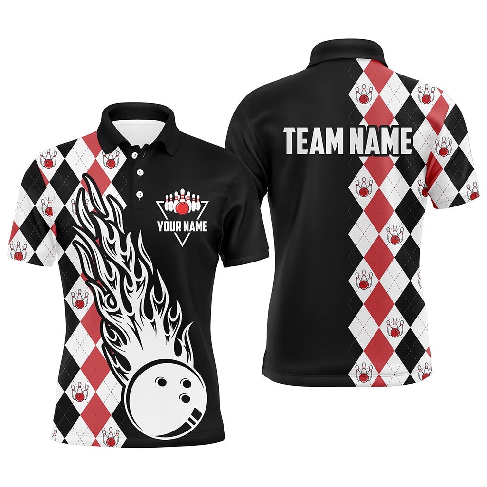 Black And Red Argyle Pattern Bowling Fire Polo Shirt For Men Custom Bowling Team League Polo Shirt, Personalized Bowling Team Shirt