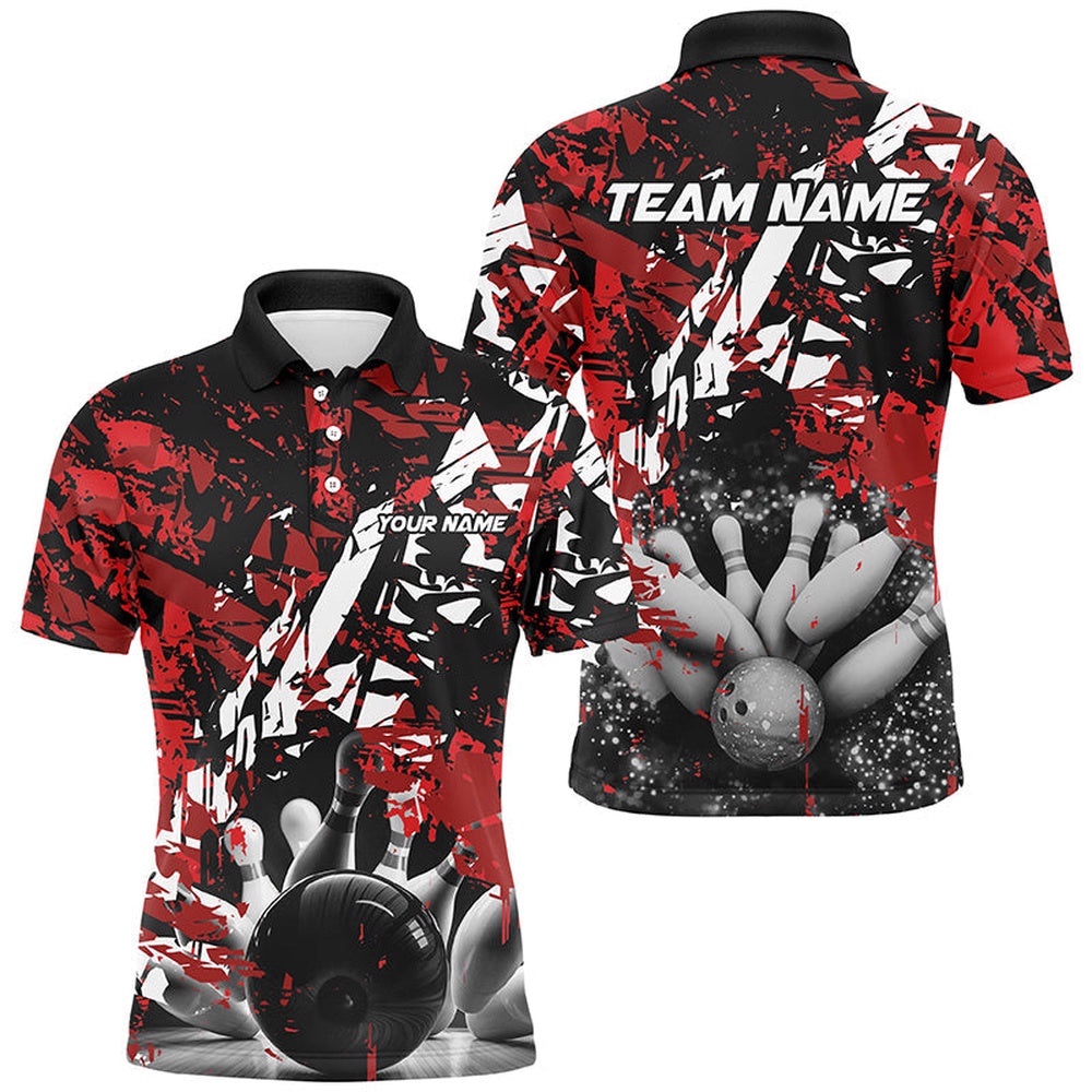 Black And Red Camo Bowling Ball And Pins Custom Men Bowling Polo Shirts, Team Bowling Polo Shirt, Personalized Bowling Team Shirt