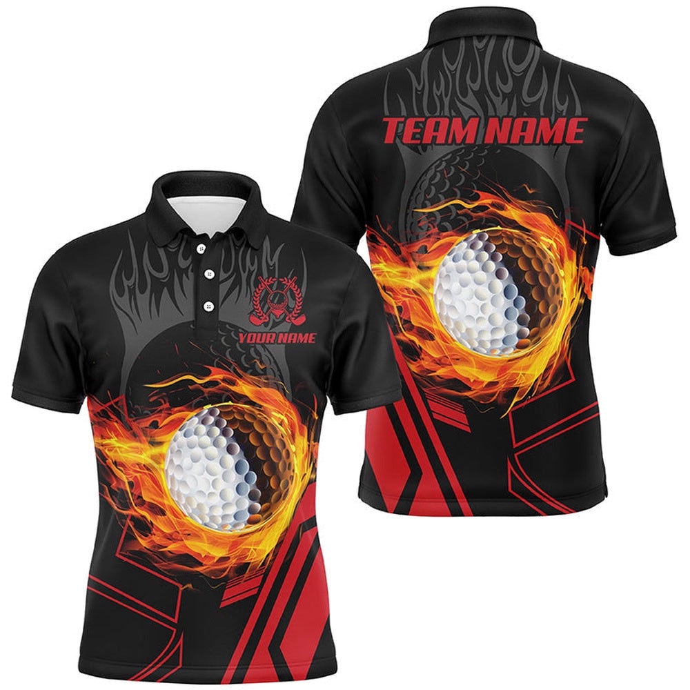 Black And Red Flame Golf Ball Fire Men’s Golf Polo Shirts Custom Cool Golf Attire For Men, Golf Polo Shirt, Golf Shirts