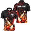 Black And Red Men’s Bowling Polo Shirt Custom Flame Bowling Ball Fire Team Mens Bowlers Polo Shirt, Personalized Bowling Team Shirt