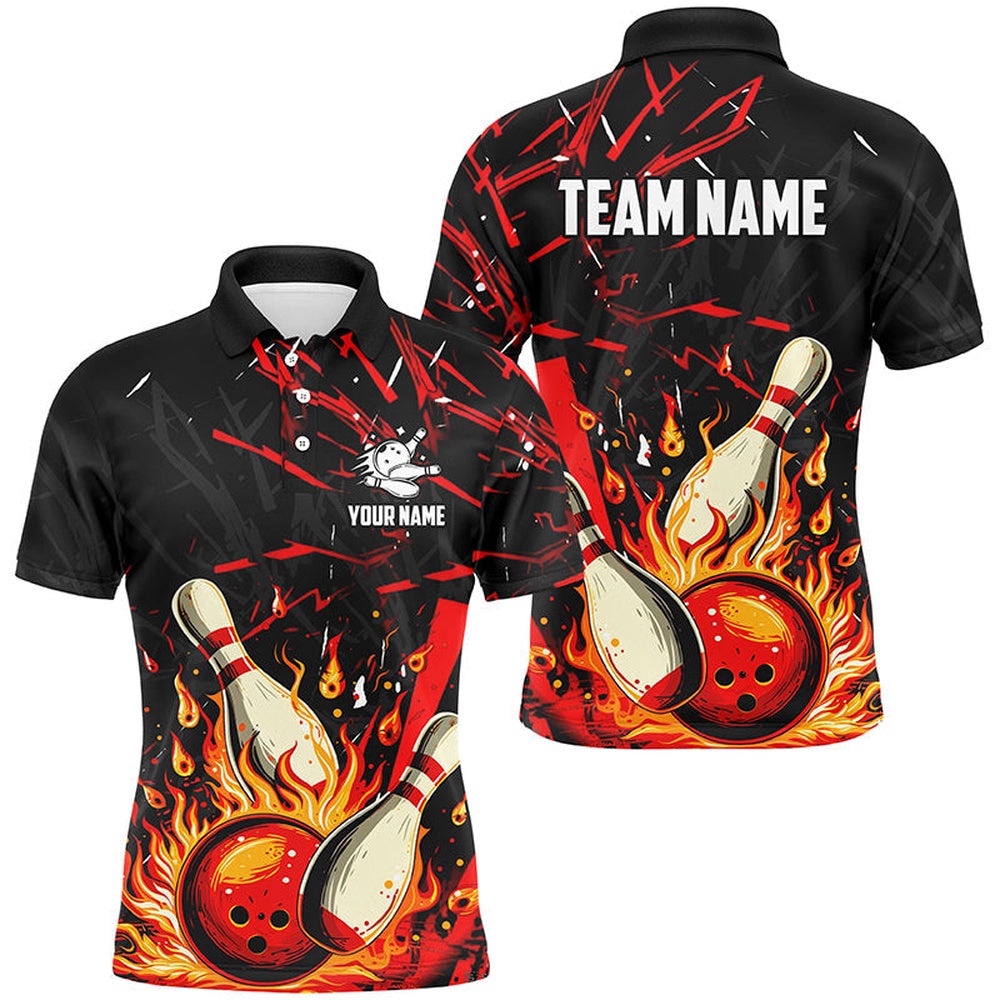 Black And Red Mens Bowling Shirts Custom Flame Bowling Apparel Team Bowling Polo Shirt, Gift For Bowlers, Personalized Bowling Team Shirt