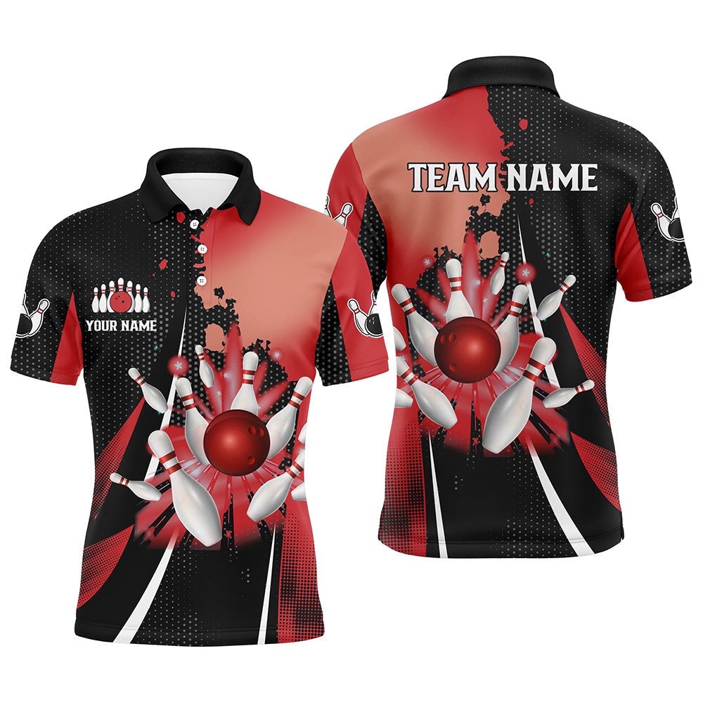 Black And Red Retro Mens Bowling Polo Shirts Custom Bowling Ball And Pins Team Bowling Polo Shirt, Personalized Bowling Team Shirt