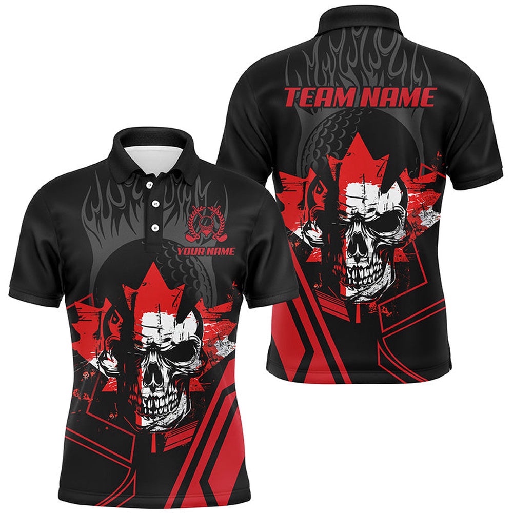 Black And Red Skull Canadian Flag Men’s Golf Polo Shirts Custom Patriotic Golf Attire For Men, Golf Polo Shirt, Golf Shirts