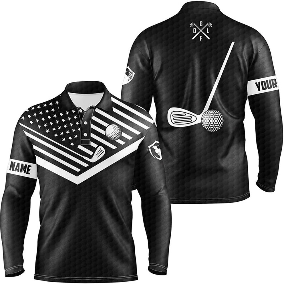 Black And White American Flag Patriotic Golf Shirts For Men Custom Name Polo Golf Tops, Golf Polo Shirt, Golf Shirts