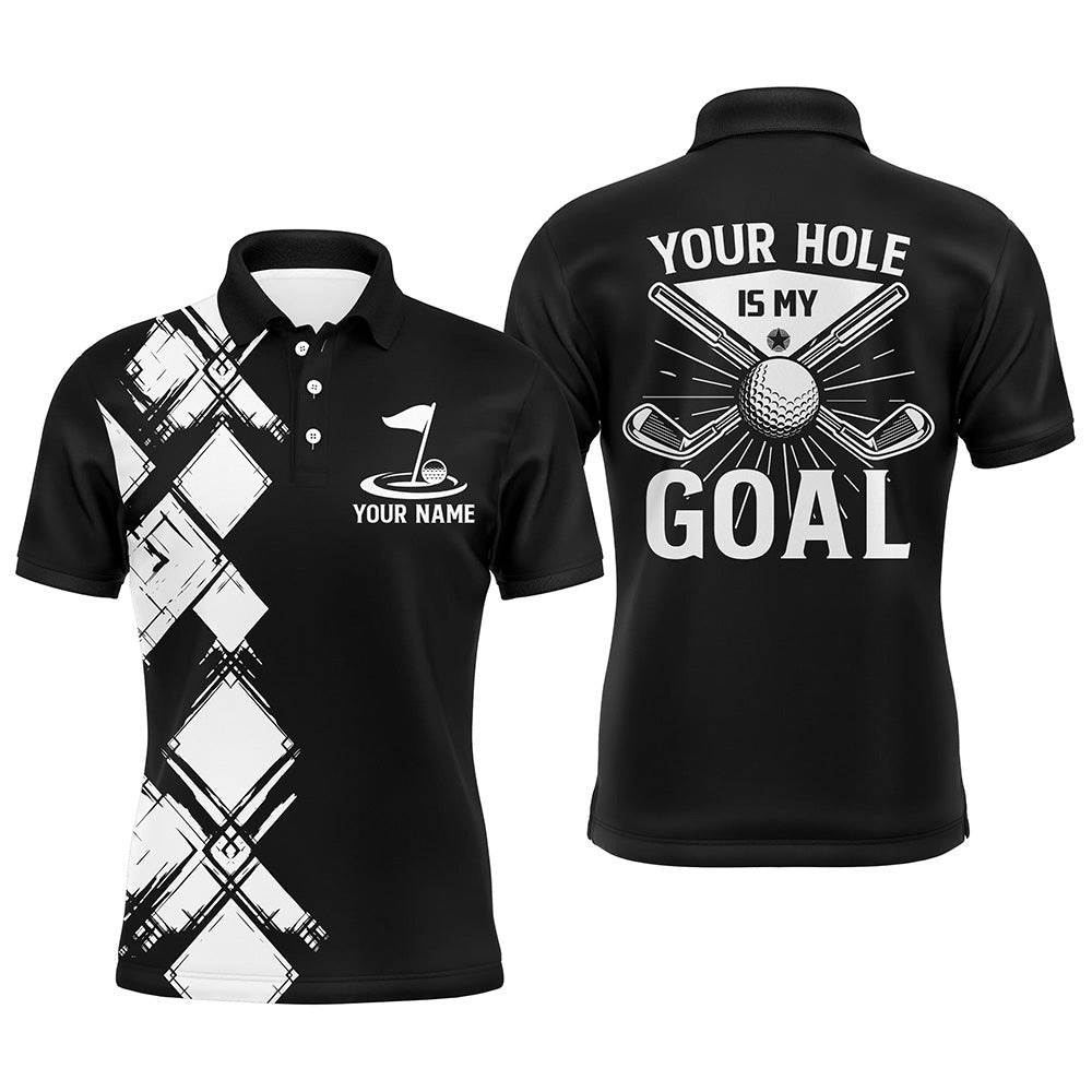 Black And White Argyle Pattern Men Golf Polo Shirts Custom Golf Outfits Men Your Hole Is My Goal, Golf Polo Shirt, Golf Shirts