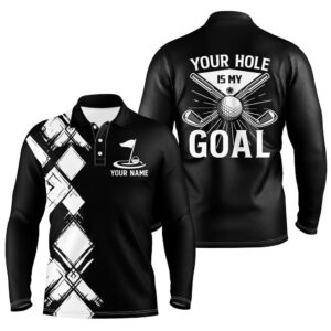 Black And White Argyle Pattern Men Golf Polo Shirts Custom Golf Outfits Men Your Hole Is My Goal Golf Polo Shirt Golf Shirts 2 qokdfe.jpg